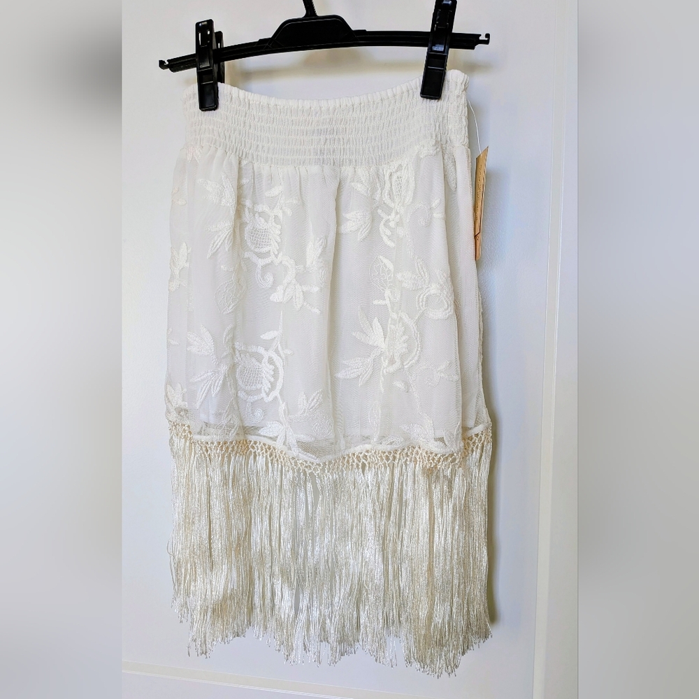 NWT Denim & Supply Ralph Lauren Cream Floral Embroidered Fringe Midi Skirt XS